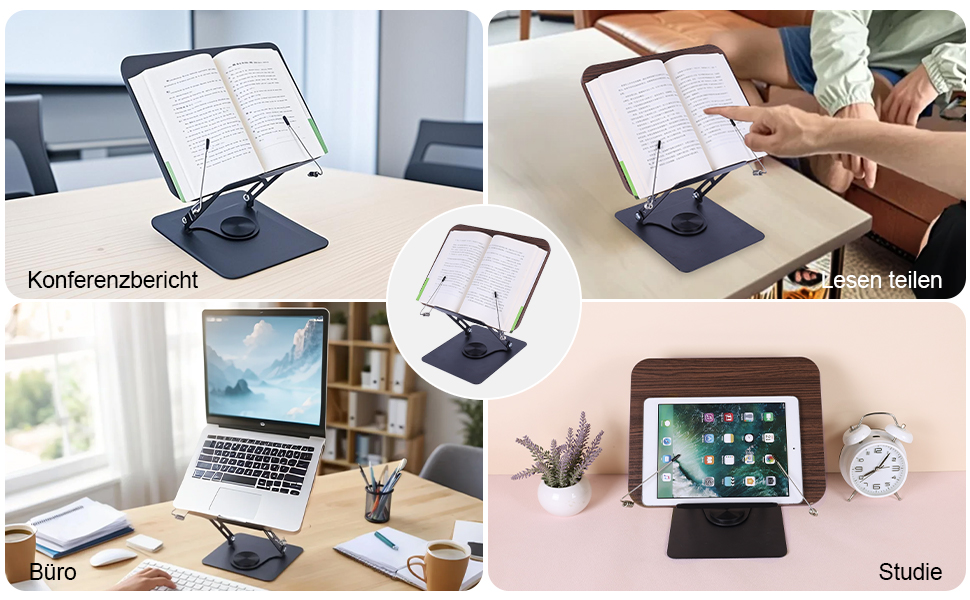 Collection d'images montrant divers appareils numériques, y compris des ordinateurs portables et des tablettes, utilisés au bureau sur des bureaux blancs.