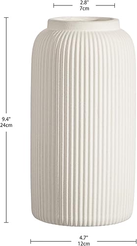 Arborus Vase en céramique de 24 cm, crème mat, rond, nervuré, haut pour fleurs, décoration d'intérieur bohème moderne pour table de salon, chambre à coucher - Nail Gallerys