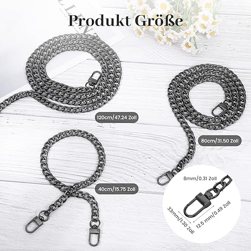 Chanumetal Lot de 3 chaînes de sac en argent - 40 cm/80 cm/120 cm - Chaîne argentée - Bandoulière en métal pour sac à bandoulière - Pour sac à bandoulière (argenté) - Nail Gallerys