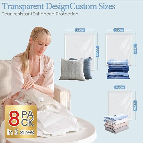 Sac Sous Vide Vetement Aspirateur avec Pompe Manuelle, lot de 8 (2 80 * 100cm, 2 80 * 100cm, 3 80 * 100cm, 3 80 * 100cm), sacs sous vide réutilisables pour vêtements, literie et voyage - Nail Gallerys