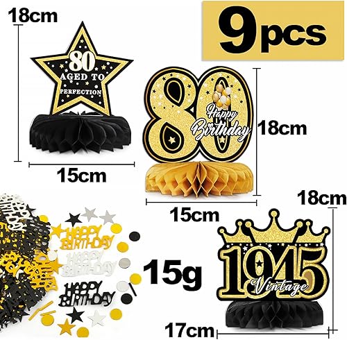 9 Ensembles Décorations Anniversaire 80 Ans Centres de Table Nid d'Abeille Confettis Happy Birthday Accessoires Décorations Cellulaire Hommes Femmes Fournitures de Fête Anniversaire - Nail Gallerys