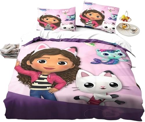 HQMOMO Gabby's Dollhouse Parure de lit pour enfant douce et mignonne 3D dessin animé Cat 100 % microfibre, lit simple, double, décoration d'intérieur pour filles et enfants, (155 x 220 + 80 x 80 cm x - Nail Gallerys