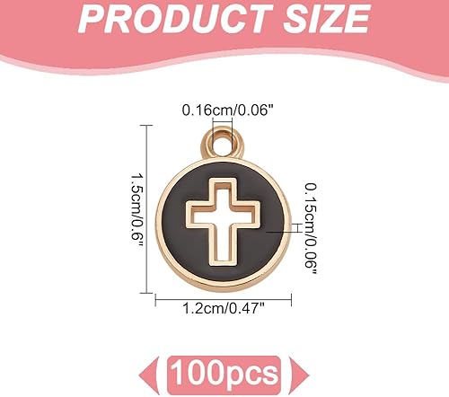 arricraft Environ 100 breloques Croisées Plates et Rondes en Émail. Pendentifs à Breloque Crucifix en Alliage Noir avec Bord Plaqué Or Clair Breloque Croisée Creuse pour la Fabrication - Nail Gallerys