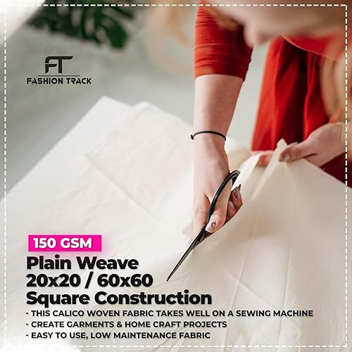 FT Fashion Track Tissu calicot au mètre – 147,5 cm de large | Tissu 100 % coton – Poids moyen pour couture, matelassage, doublures de rideaux, taies d'oreiller et fourre-tout (1 m, calicot naturel) - Nail Gallerys