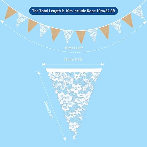 jijAcraft Guirlande Fanion Toile de Jute et Dentelle, 10 Mètres/36pcs Bannière de Drapeau Triangle Vintage pour Décoration de Mariage Champêtre, Décoration de jardin - Nail Gallerys