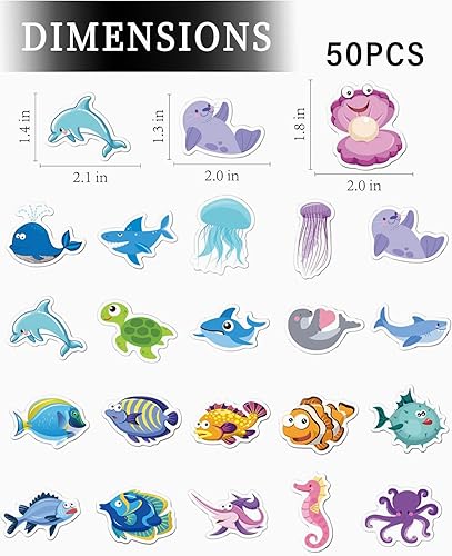IPNSDON Paquet de 50 Autocollants de Vie Marine, Autocollants de Dessins animés d'animaux, Autocollants de Bouteille d'eau en Vinyle imperméable pour vélos, pédales, Casques de Voiture. - Nail Gallerys
