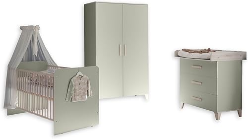 Stella Trading Prizzi Complet Aspect Ensemble de Meubles pour Chambre 3 pièces composé d'une Armoire, d'un lit de bébé et d'une Commode à Langer, Bois, Vert Pastel/Aurum, Komplett-Set 2 - Nail Gallerys