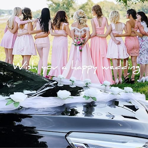 Kit Deco Voiture Mariage Décoration Champêtre avec 2 Pcs Tulle Ruban Blanc, 11 Pcs Rose Artificielle, Ventouse - Blanc - Nail Gallerys
