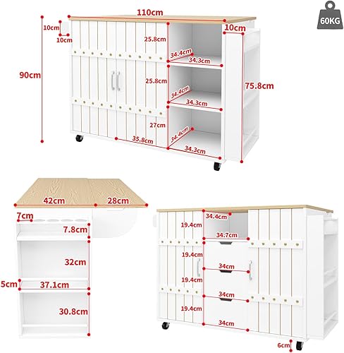 PUGSDRLY Desserte Cuisine à roulettes,Buffet Cuisine de Rangement avec Plateau de Table Pliable,3 Tiroirs et 2 Portes coulissantes,Espace de Rangement Multifonctionnel,avec Porte Serviettes (Blanc-A) - Nail Gallerys