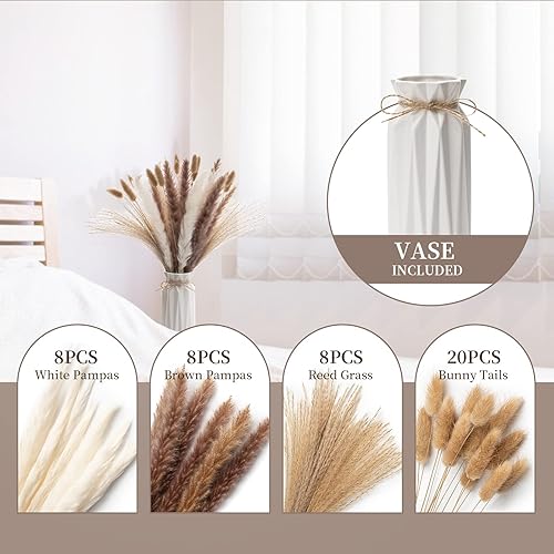 Wemk Pampa Séchées Naturelle Décoration 44 Pcs avec Vase Inclus, pour Boho Mariage, Chambre, Anniversaires, Déco Intérieur - Nail Gallerys