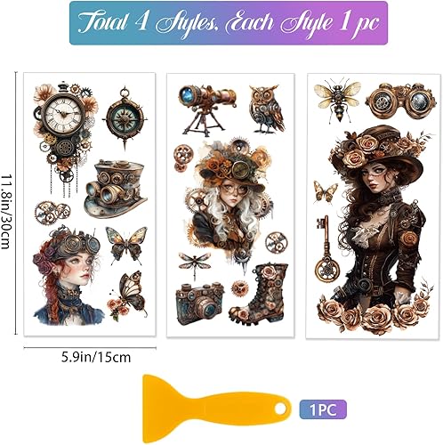 GLOBLELAND 3 Feuilles de Transferts Colorés de Dame Steampunk Gear Woman pour Décorer les Meubles Objets Vintage Stickers pour la Décoration de la Chambre du Salon du Bureau Ou de la Table 6x12pouces - Nail Gallerys