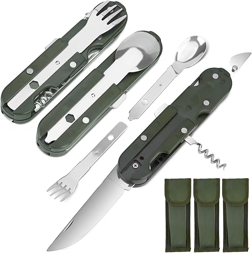 POFIBO Couverts de Camping 3PCS, 5 en 1 Vaisselle de Camping Pliable Couvert Randonnée en Acier Inoxydable Multifonction Couverts de Terrain Portables Voyage Accessoires de Survie en Plein Air - Nail Gallerys