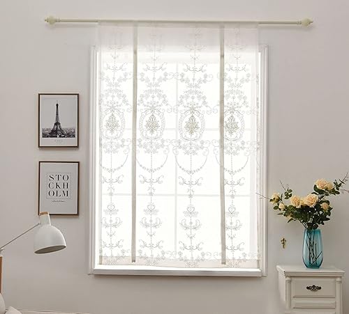 Devola Store bateau transparent - Style maison de campagne - Motif floral - Brodé - Lumière du jour - Avec cordon de serrage - Moderne - Pour cuisine - 107 x 160 cm - Blanc - 1 pièce - Nail Gallerys