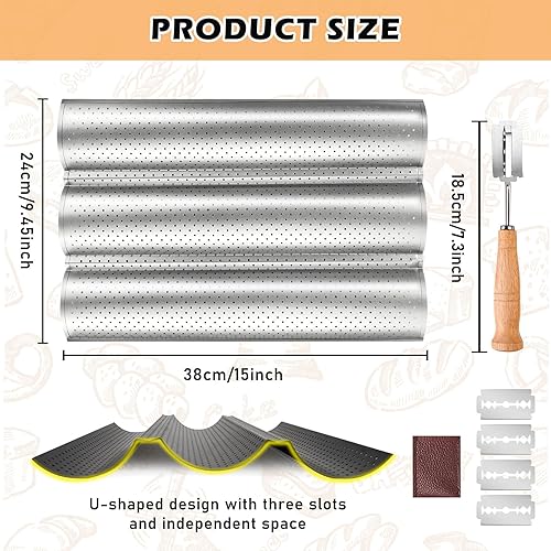 BORDEAG Moule À Baguette, 2 Pièces Moules À Baguettes pour 3 Baguettes Avec Couteau de Boulanger, Plaque de Cuisson Antiadhésive, Moule Pain Accessoire pour Cuisson De Pain, 38x24cm - Nail Gallerys