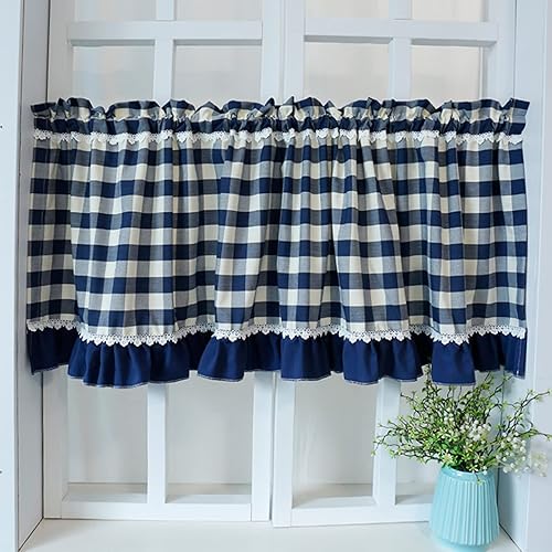 Rideau Brise-bise en coton et lin Bleu à carreaux de style rural, Rideaux de Café occultants courts, Rideaux de Cuisine pour fenêtres, cadres de porte, bibliothèques, armoires, passe-tringle ( Size - Nail Gallerys