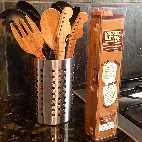 Rise8 Studios Lot de 4 ustensiles de cuisine en bambou en forme de manche de guitare – Cadeaux pour musiciens – Lot de 4 cuillères spatules et fourchette à salade - Nail Gallerys
