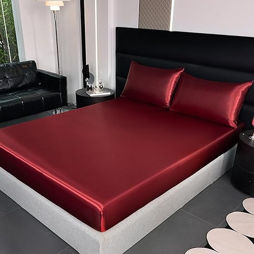 Gorger Taie d'oreiller en soie hypoallergénique, anti-acné, taies d'oreiller de luxe en soie de glace, couverture complète, drap-housse antidérapant, 1 couvre-lit + 2 taies d'oreiller (rouge, 180 x - Nail Gallerys