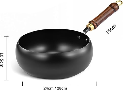Poêle à frire en fer non revêtue avec couvercle en bois, grand ventre forgé, poêle antiadhésive, 24/28 cm de diamètre, récipient de cuisson polyvalent pour mijoter et frire à haute température (24 cm) - Nail Gallerys
