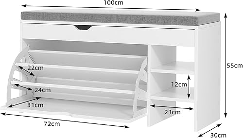 VOWNER Meuble Chaussures, Banc de Rangement à Chaussures, avec Coussin Confortable, Meuble d'entrée Rangement pour Chaussures, 100 x 30 x 55 cm, Séparateurs Réglables, avec Tiroir (Blanc) - Nail Gallerys