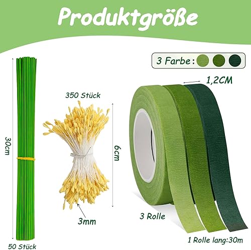 Barlone Lot de 350 cure-pipes - Fleurs jaunes avec têtes de perles de 3 mm - 3 rouleaux de ruban de fleuriste autocollant - 50 fils floraux verts - Tulipe - Accessoires pour projet d'artisanat - Nail Gallerys