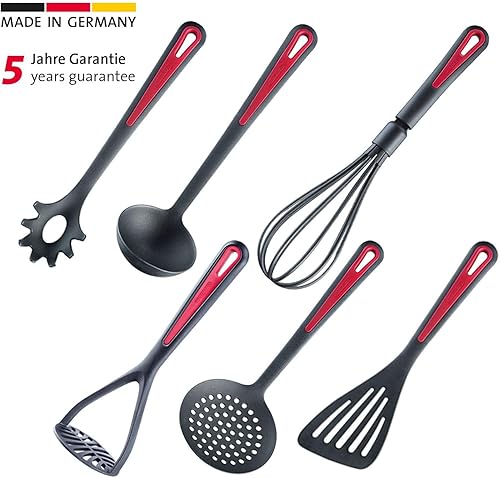 Westmark Set d'Ustensiles de cuisine, 6 pcs, Spatule, Cuillère à spaghetti, Ecumoire, Louche à Soupe, Presse-purée, Fouet, plastique de haute qualité, Gallant, noir/rouge, 290022E6 - Nail Gallerys
