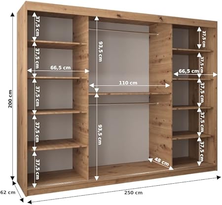 E- MEUBLES Armoire de Chambre avec 2 Portes coulissantes et Miroir, Penderie (Tringle) avec étagères (LxHxP): 150cmx200cmx62cm TORM 2 Chêne Sonoma - Nail Gallerys