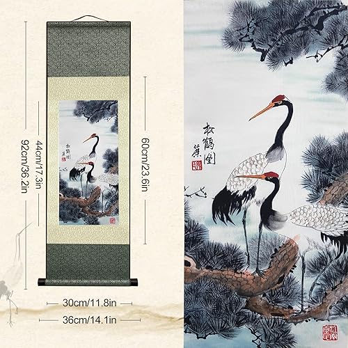 Peinture en Soie Décoration Murale Asiatique Belle Défilement ​Peinture Animal - Grue Blanche Grue Couronnée Rouge Art Chinois Mur Défilement Peinture Suspendue Décoration Orientale (94 x 30cm) - Nail Gallerys