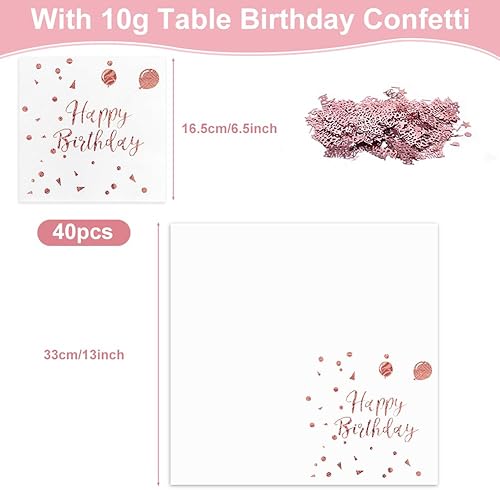 DOUSELLA 40 PCS Serviettes Joyeux Anniversaire Serviette Papier Anniversaire Rose Gold Serviettes HAPPY BIRTHDAY Serviette de Table Anniversaire Fille avec Confettis de Table pour Fêtes Dîner, Blanc - Nail Gallerys