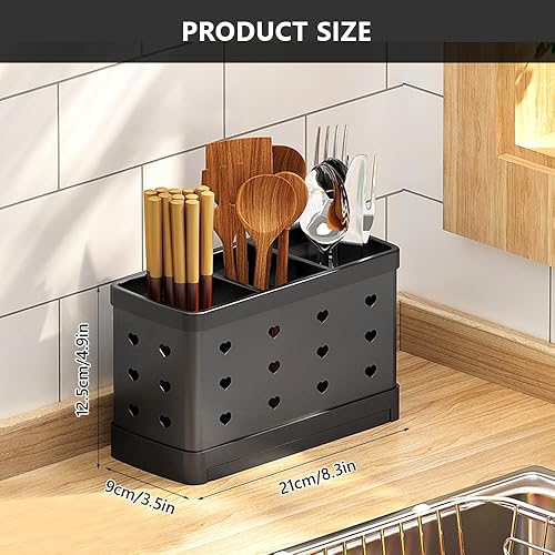 LUFEIS Support d'ustensiles de cuisine en acier inoxydable de grande capacité avec 3 compartiments, égouttoir multifonction pour couverts, fourchettes, couteaux, cuillères - Nail Gallerys