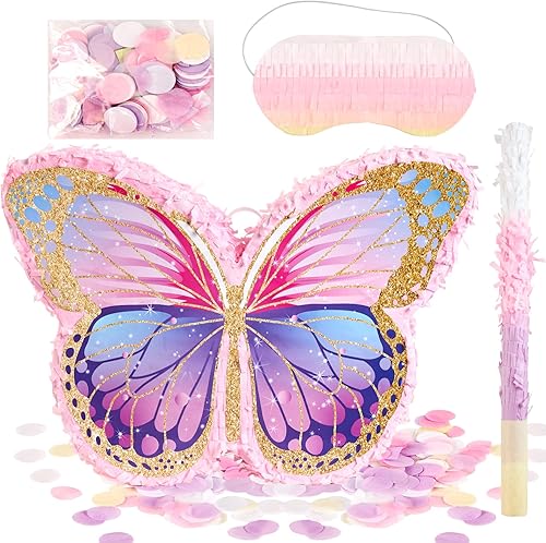 Pinata papillon - Accessoire de fête - Avec bandeau pour les yeux et chauve-souris - Pour filles et enfants - Décoration d'anniversaire - Jeu d'activités de carnaval - Nail Gallerys