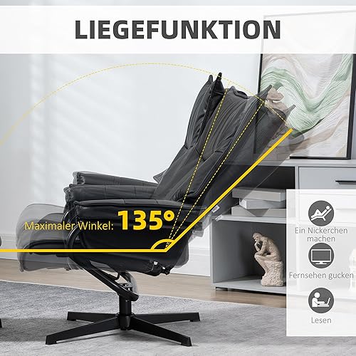 HOMCOM Fauteuil relax avec pouf, fauteuil de repos pivotant, fauteuil TV avec fonction chaise longue, fauteuil TV avec dossier inclinable, pour salon, bureau, similicuir, acier, noir - Nail Gallerys