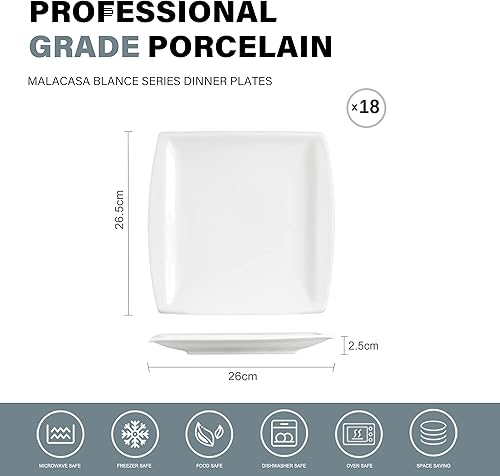 MALACASA Série Blance Assiettes Plates Carrée en Porcelaine, 18 pièces Grande Assiettes pour Dîner, 26,5 cm, Assiettes Service de Table Blanche, Micro-Ondes et Lave-Vaisselle - Nail Gallerys