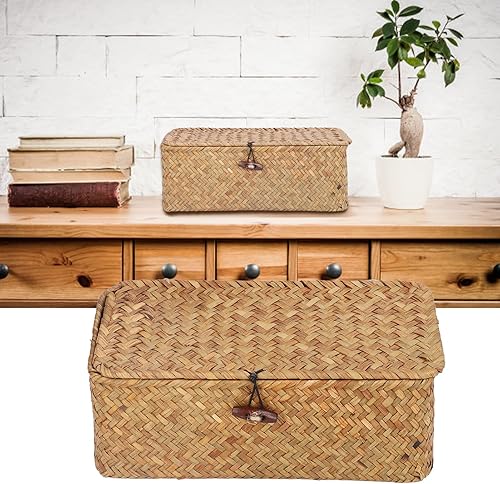 Panier Rectangulaire en Jonc de Mer, Boîte de Rangement Tissée, Bacs en Osier avec Paniers à Couvercle pour Organiser les Couvercles des étagères de Bureau, Organisateurs (M) - Nail Gallerys