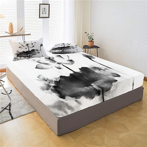 Drap Housse Grand Bonnet De 30 Cm Microfibre Plantes À Encre Motif Parure Drap De Lit Esthétique Chinoise Drap-Housse 160X200Cm Et 2 Taie d'oreiller Respirant pour Matelas Épais - Nail Gallerys
