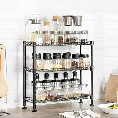 SONGMICS Étagère à Épices à 3 Niveaux, Étagère de Cuisine en Métal avec Planches en Plastique, Étagère de Rangement, Étagères Réglables en Hauteur, 40 x 15 x 39,5 cm, Noir LGR025B01 - Nail Gallerys