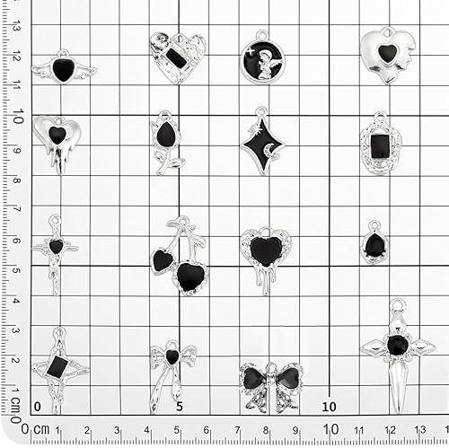 PH PandaHall 32pcs 16 styles Pendentifs à Breloques Gothiques en Émail, Breloques Noires Suspendues en Forme de Cœur en Alliage Gothique Pendentif Bracelet Breloques en Vrac pour Bijoux - Nail Gallerys