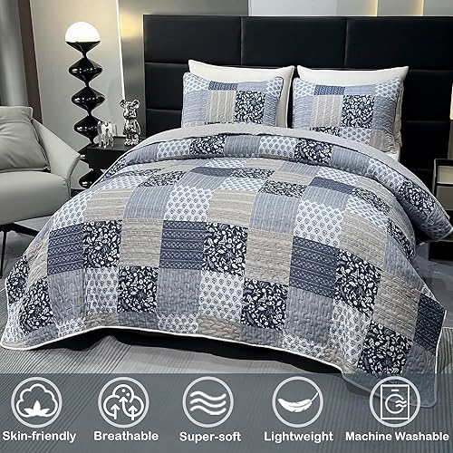 DECMAY Couvre-lit 220 x 240 cm - Gris - Couvre-lit Patchwork pour lit Double - Couvre-lit 3 pièces avec Coussin - Microfibre - Design Romantique et Confortable - Nail Gallerys