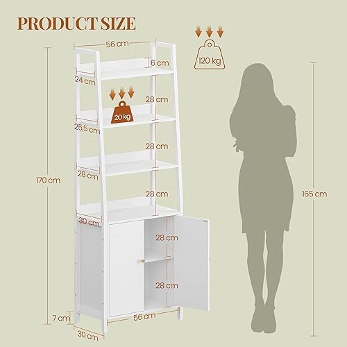 HEXCELEN Bibliothèque à 6 Niveaux avec Portes, Bibliothèque Trapézoïdale Verticale, Meuble de Rangement, Structure en Métal, Étagères Réglables, pour Chambre, Salon, Moderne, Blanc - Nail Gallerys