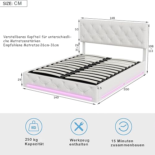 Fofetbfo LIT Coffre capitonné 140x200 avec LED, Lit Double avec tête de lit réglable en Hauteur et sommier, lit 2 Personnes avec hydraulique Espace de Rangement, sommier à Lattes, Beige (140x200) - Nail Gallerys