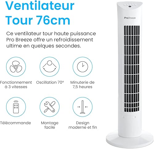 Pro Breeze Ventilateur Colonne Oscillante, Tour de 79 cm, Oscillation 70°, 60 Watts, 3 Vitesses - Télécommande et Minuterie, Programmable, Adapté pour la Maison et le Bureau - Blanc - Nail Gallerys