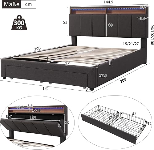 LONELYO Lit 140x200 avec Sommier LED et USB, Rangement et Tiroirs – Lit Coffre Moderne en Lin Beige pour Adolescents - Nail Gallerys