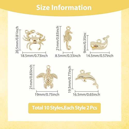 SUPERFINDINGS 20 Pcs 10 Style Rack Placage Alliage Charmes Animaux Marins Pendentifs Crabe Cheval de Mer Baleine Tortue de Mer Dauphin Charmes Platine Or Alliage Pendentifs Trou 1.5mm - Nail Gallerys