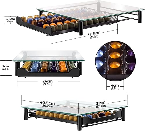 MASTERTOP Tiroir Capsules pour 60pcs ness presseau, Rangement Dosettes en Verre avec Tiroir Métallique et Support de Machine à Café, Distributeur Capsules Antidérapant - Nail Gallerys
