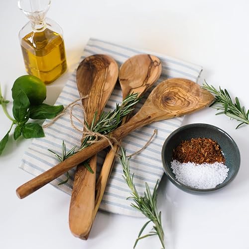 HOFMEISTER® Lot de 2 cuillères de cuisine ovales en bois d'olivier avec poignée plate de qualité supérieure en olive à grain frappant, cuillères en bois, robustes, durables, uniques, longueur 30 cm - Nail Gallerys