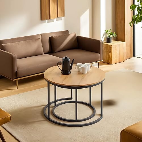 Xisilla Table basse ronde (2 pièces) en marbre 2 en un, convient pour salon, bureau à domicile et terrasses, couleur bois, diamètre : 80 cm et diamètre : 60 cm - Nail Gallerys