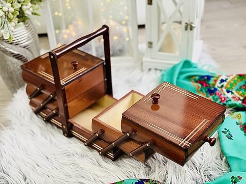 Boîte à Couture en Bois - Gingembre Sculpté 41 cm - Rangement pour Bobines de Fil, Kits de Broderie et Point de Croix - Panier à Couture - Nail Gallerys