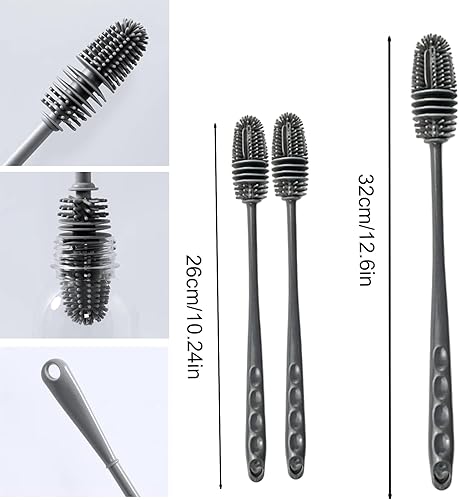 Lot de 3 goupilles en silicone - Avec manche long - 32 cm et 26 cm - Pour nettoyer les bouteilles, les tasses en verre - Gris - Nail Gallerys
