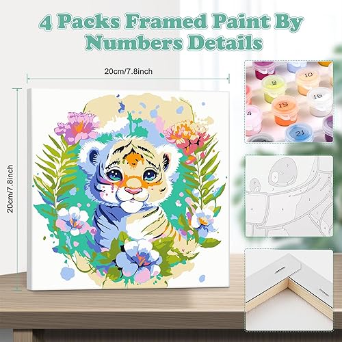 NAIMOER Encadré Peinture avec Numéro Enfants, 4Pack Animaux Peinture par Numéros pour Adultes, Peintures Acryliques pour enfants, Peinture Acrylique Avec Chevalet(8x8inch) - Nail Gallerys