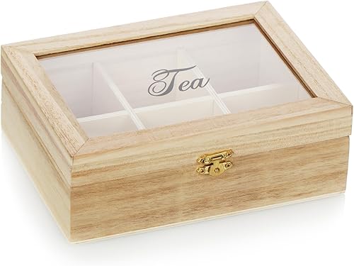 com-four® boîte à thé à 6 compartiments - boîte de rangement pour sachets de thé en bois - boîte pour sachets de thé avec fenêtre d'observation (01 pièces - 20,5x15,5x7,5cm marron clair) - Nail Gallerys