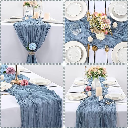 Chemin de Table en Gaze Bleu Poussiéreux 90 x 300 cm - Style Boho Rustique Translucide et Lavable - Élégant Décoration de Table pour Mariages, Anniversaires, Dîners Romantiques, Fêtes d'été, Salles de - Nail Gallerys